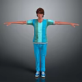 3D Character Model of Young Male Wearing Blue Striped Shirt Blue Pants With Arms Outstretched