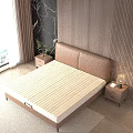 Modern Brown Leather Headboard Bed Frame With Beige Striped Mattress And Wooden Panel Wall