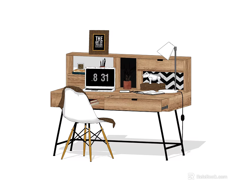 Wooden Writing Desk with Computer Monitor Digital Clock Photo Frame Desk Lamp and White Chair 3d model 
