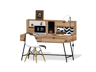 Wooden Writing Desk with Computer Monitor Digital Clock Photo Frame Desk Lamp and White Chair 3d model