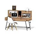 Wooden Writing Desk with Computer Monitor Digital Clock Photo Frame Desk Lamp and White Chair