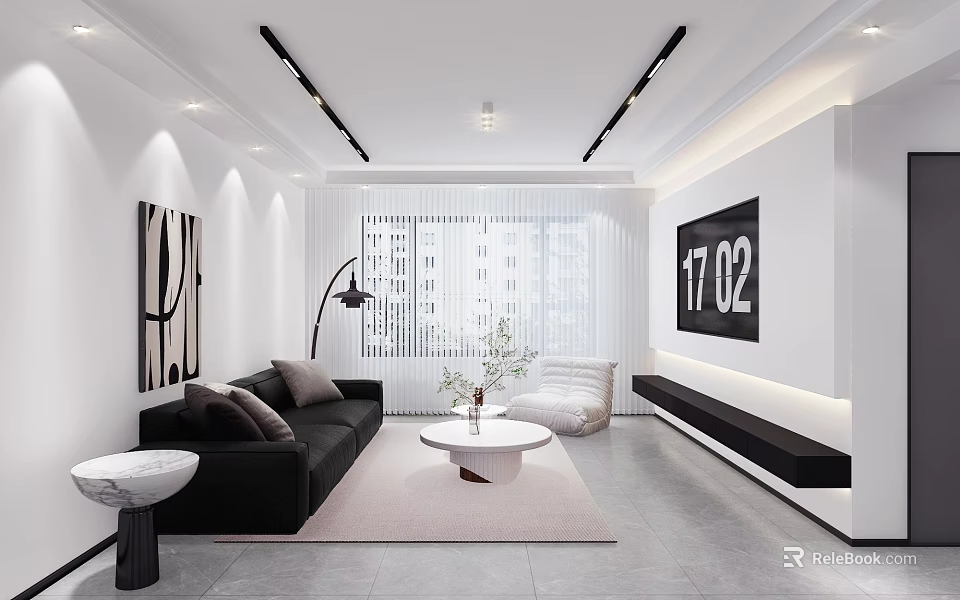 Modern Living Dining Room Open Concept Black Sofa Round Coffee Table White Walls Gray Tiles 3d model 