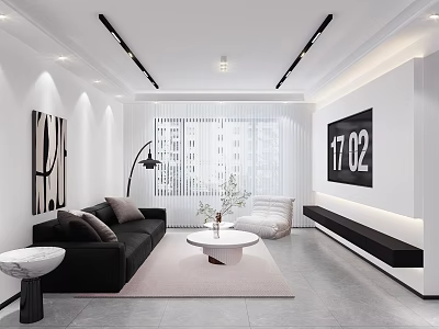 Modern Living Dining Room Open Concept Black Sofa Round Coffee Table White Walls Gray Tiles 3d model