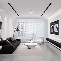 Modern Living Dining Room Open Concept Black Sofa Round Coffee Table White Walls Gray Tiles