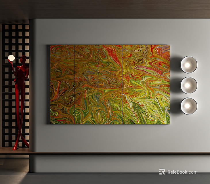 Vibrant Abstract Painting With Green Yellow Red Swirls Triple Panel Wall Art Decor 3d model 