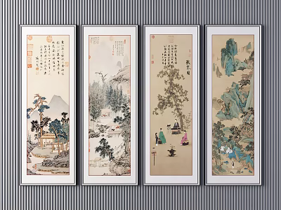 Four Traditional Chinese Scroll Paintings With Landscape Figures And Natural Scenes 3d model