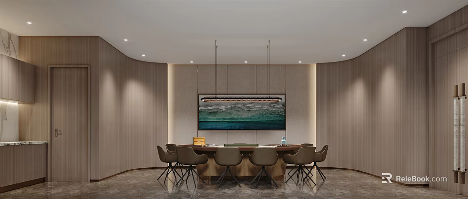 Hotel Mahjong Room Interior With Long Table Six Chairs Wooden Walls Decorative Painting Recessed Lighting 3d model 