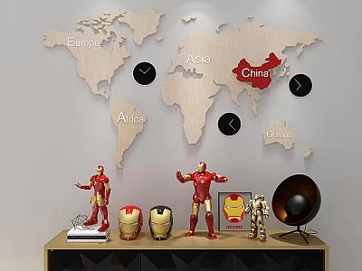 Electric Toy Iron Man Action Figures with Helmet on Table and World Map Wall Decor 3d model