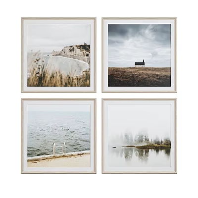 Framed Oil Paintings Collection Featuring Coastal Rocks Field Church And Misty Lake Scenery 3d model