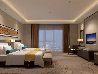 Spacious Modern Hotel Room Interior With Double Bed Large Window And Flat Screen TV 3d model