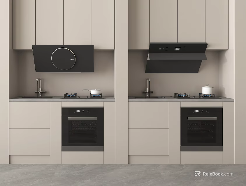 Modern Light Colored Kitchen Interior With Range Hoods Ovens And Stovetops 3d model 