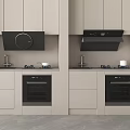Modern Light Colored Kitchen Interior With Range Hoods Ovens And Stovetops