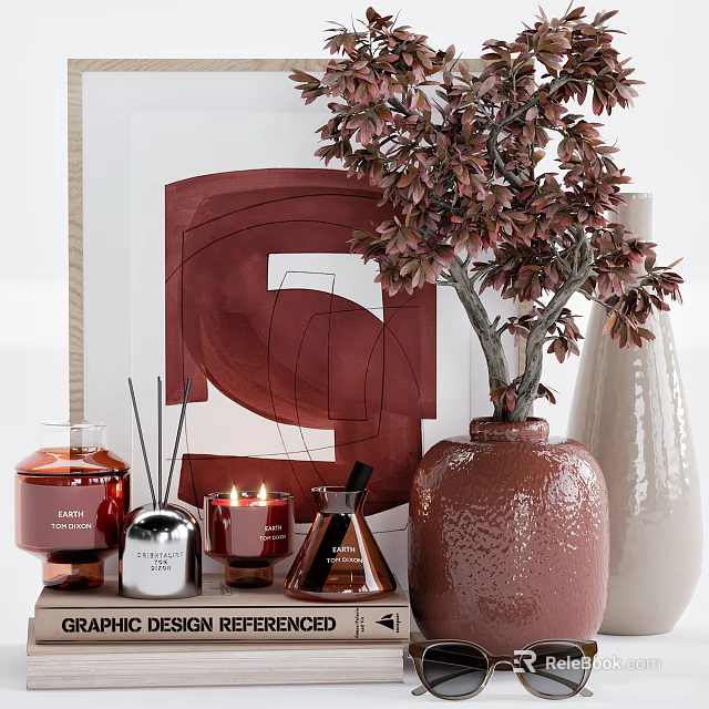 Modern Decorative Ornament Combination With Ceramic Vases Candles Diffuser And Abstract Painting 3d model