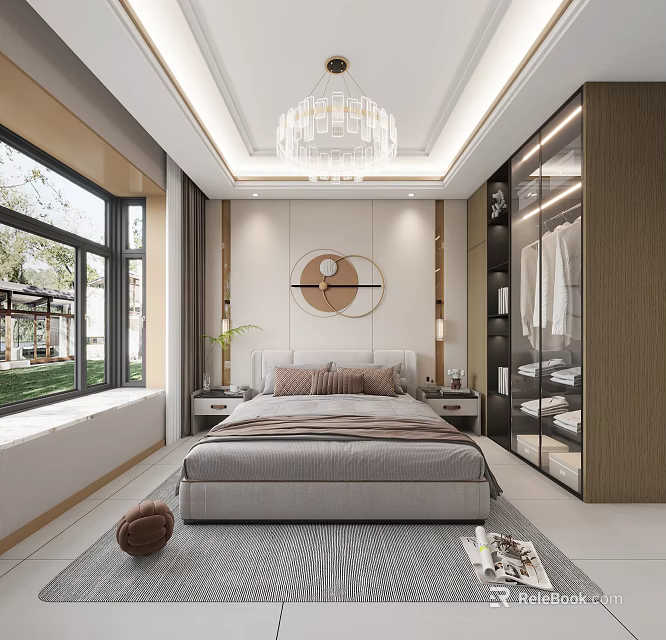 Modern Bedroom Interior Design With Large Bed Circular Wall Decor Plants And Glass Wardrobe 3d model 