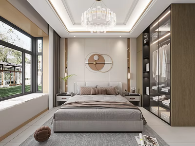 Modern Bedroom Interior Design With Large Bed Circular Wall Decor Plants And Glass Wardrobe 3d model
