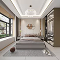 Modern Bedroom Interior Design With Large Bed Circular Wall Decor Plants And Glass Wardrobe