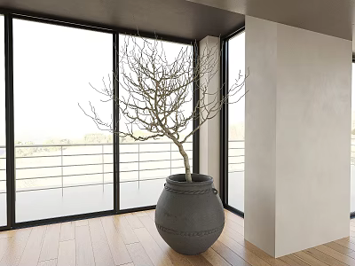 Potted Bonsai Tree in Gray Ceramic Pot by Large Windows with Wooden Floor 3d model