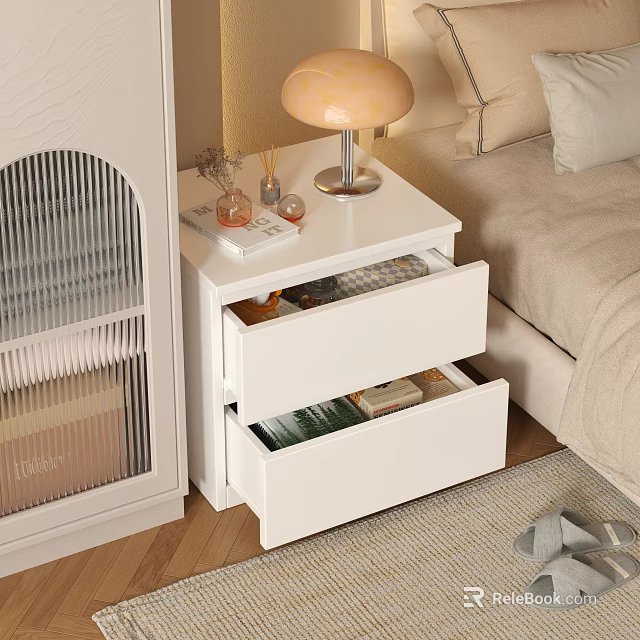 Modern White Chest of Drawers With Open Drawer and Lamp on Top Near Sofa 3d model 