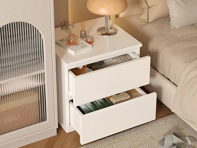 Modern White Chest of Drawers With Open Drawer and Lamp on Top Near Sofa 3d model