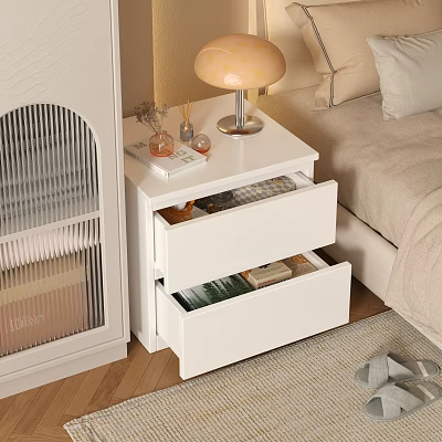 Modern White Chest of Drawers With Open Drawer and Lamp on Top Near Sofa 3d model