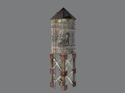 Old Weathered Water Tower With Graffiti Art And Metal Support Structure 3d model
