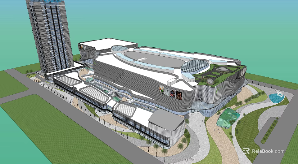 Modern Commercial Street With Shopping Mall Contemporary Architecture And Pedestrian Plaza 3d model 