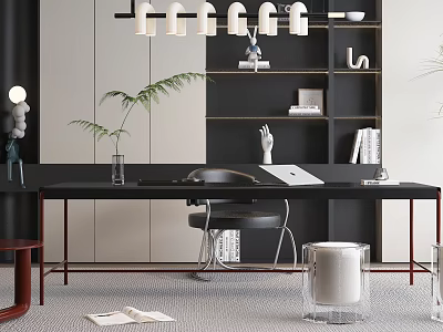 Modern Black Desk Interior With Bookshelf Plant Chair And Decorative Items 3d model