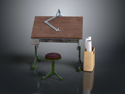 Vintage Brown Wooden Dining Table With Metal Bracket Silver Lamp Green Stool And Paper Bag 3d model