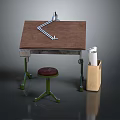 Vintage Brown Wooden Dining Table With Metal Bracket Silver Lamp Green Stool And Paper Bag