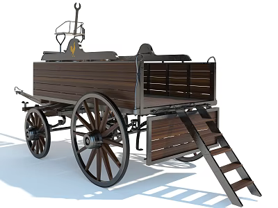 Wooden Horse Carriage With Large Wheels Metal Frame And Open Cargo Design 3d model