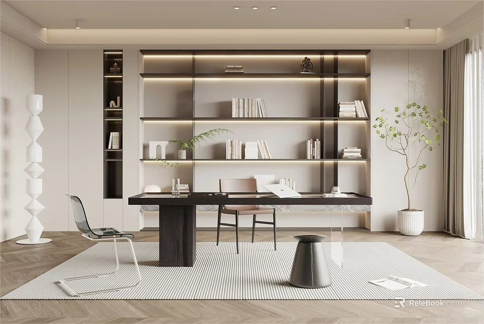 Modern Study Room Interior With Built in Shelves Books Wooden Desk And Green Plant 3d model 