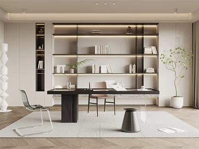 Modern Study Room Interior With Built in Shelves Books Wooden Desk And Green Plant 3d model