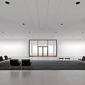 Modern Exhibition Hall Interior Design With Grid Ceiling Glass Windows Wooden Walls And Staircase