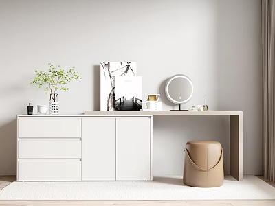 Modern White Dressing Table With Round Mirror Green Plant And Brown Stool 3d model