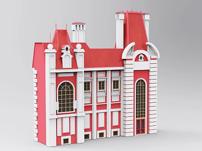 Classical Detached Villa With Red Roof White Walls Arched Windows Red Door And Tower Decorations 3d model