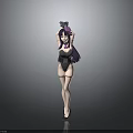 3D Female Character With Purple Long Hair Headpiece Dark Outfit High Heels On Gray Background