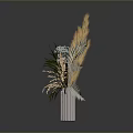 Carved White Striped Vase With Dried Plants Brown Reeds Blue Flowers And Orange Decor