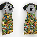 Pinafore Dress With Black Short Sleeve T-Shirt Featuring Cartoon Cat Graphic And Vibrant Colorful Prints