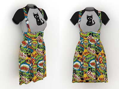 Pinafore Dress With Black Short Sleeve T-Shirt Featuring Cartoon Cat Graphic And Vibrant Colorful Prints 3d model