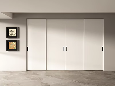 Modern White Sliding Doors In Interior With Decorative Wall Paintings And Tiled Floor 3d model