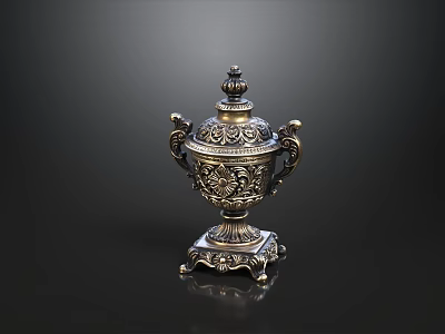 Metallic Jewelry Box With Intricate Carvings Dual Handles And Ornate Base 3d model