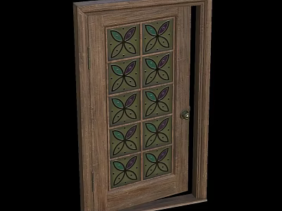 Wooden Hinged Door Featuring Stained Glass with Leaf Shaped Decorative Patterns 3d model