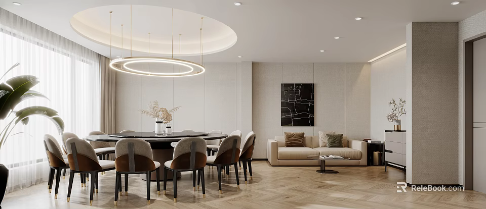 Modern Private Room With Round Table Chairs And Sofa 3d model