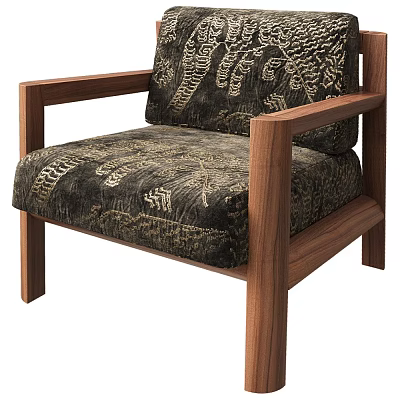Stylish Wooden Accent Chair With Black And Gold Patterned Upholstery And Solid Wood Armrests 3d model