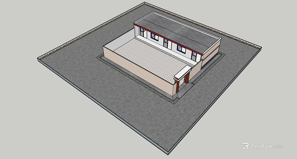 Traditional Single Story House With Gray Roof White Walls And Red Door Courtyard Design 3d model 