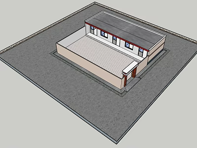 Traditional Single Story House With Gray Roof White Walls And Red Door Courtyard Design 3d model