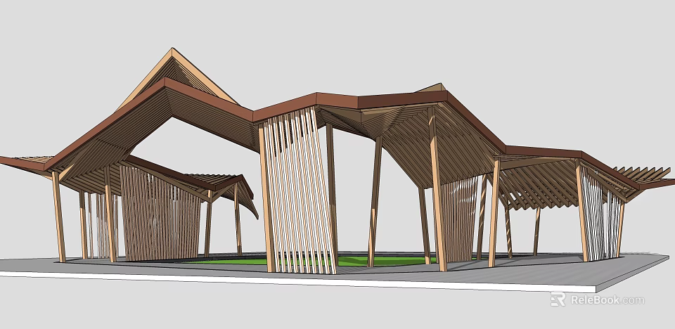 Wooden Pergola Structure With Sloped Roof Vertical Slat Columns And Grass Area 3d model 