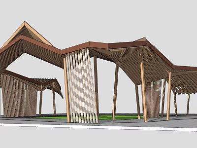 Wooden Pergola Structure With Sloped Roof Vertical Slat Columns And Grass Area 3d model