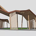 Wooden Pergola Structure With Sloped Roof Vertical Slat Columns And Grass Area