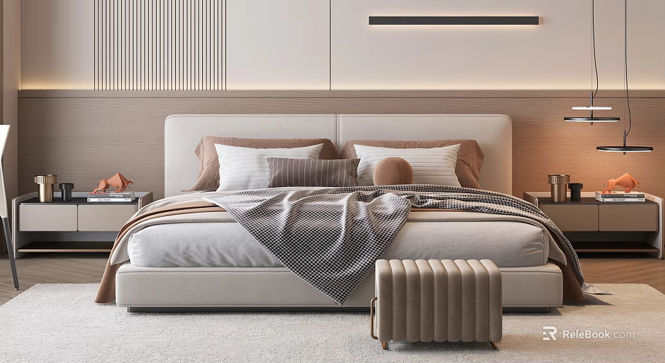 Modern Bedroom Interior With Beige Headboard Multiple Pillows Blanket And Bench 3d model